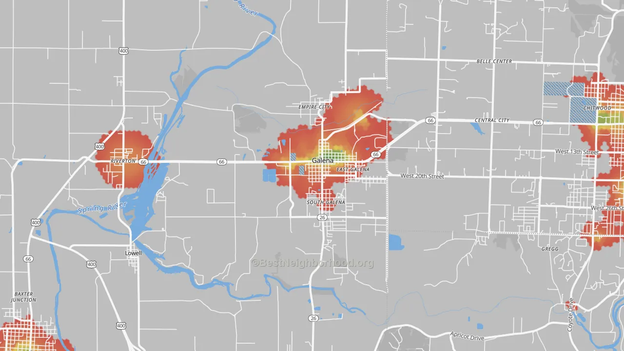 Walk Grade map of Galena, KS, walkable areas in green and car-dependent areas in red