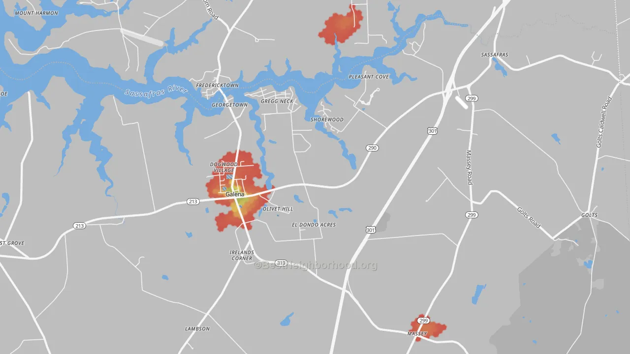 Walk Grade map of Galena, MD, walkable areas in green and car-dependent areas in red