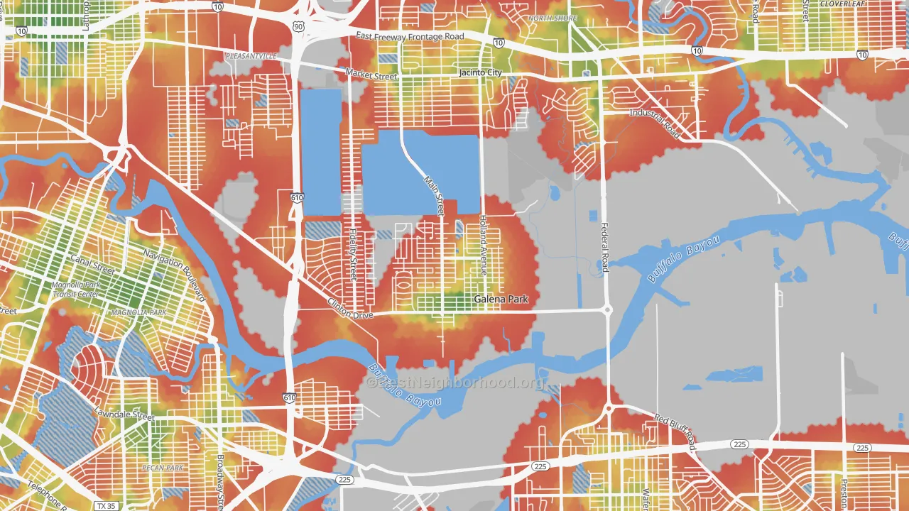 Walk Grade map of Galena Park, TX, walkable areas in green and car-dependent areas in red