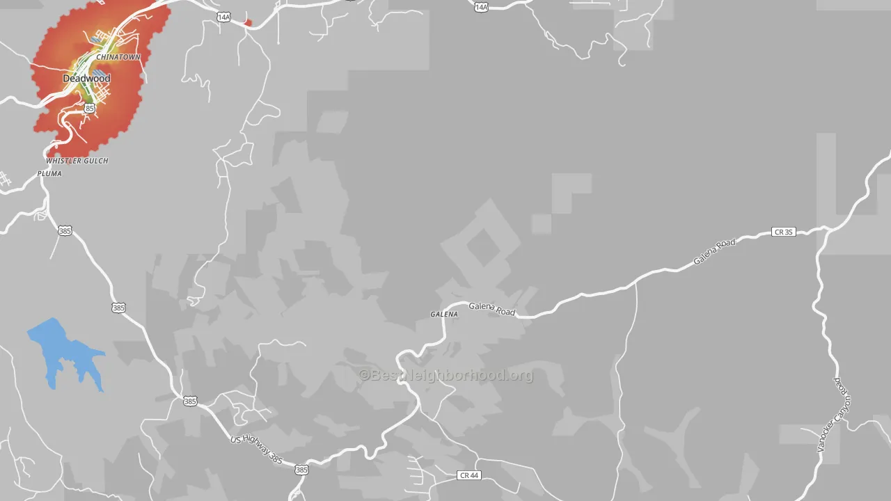 Walk Grade map of Galena, SD, walkable areas in green and car-dependent areas in red