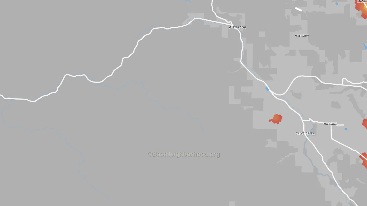 Walk Grade map of Gales Creek, OR, walkable areas in green and car-dependent areas in red
