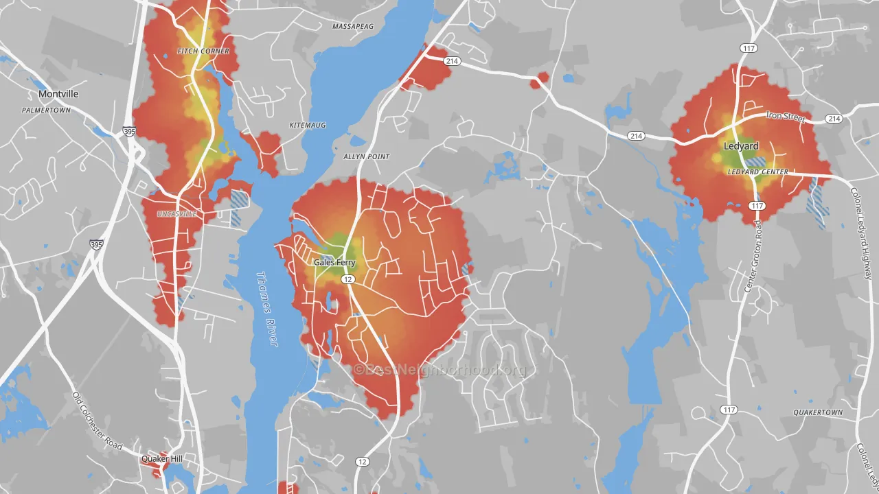 Walk Grade map of Gales Ferry, CT, walkable areas in green and car-dependent areas in red