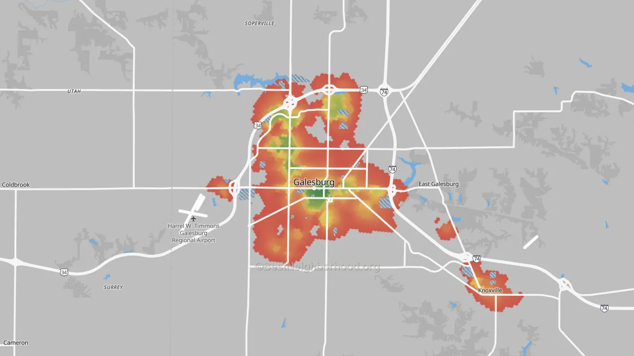 Walk Grade map of Galesburg, IL, walkable areas in green and car-dependent areas in red