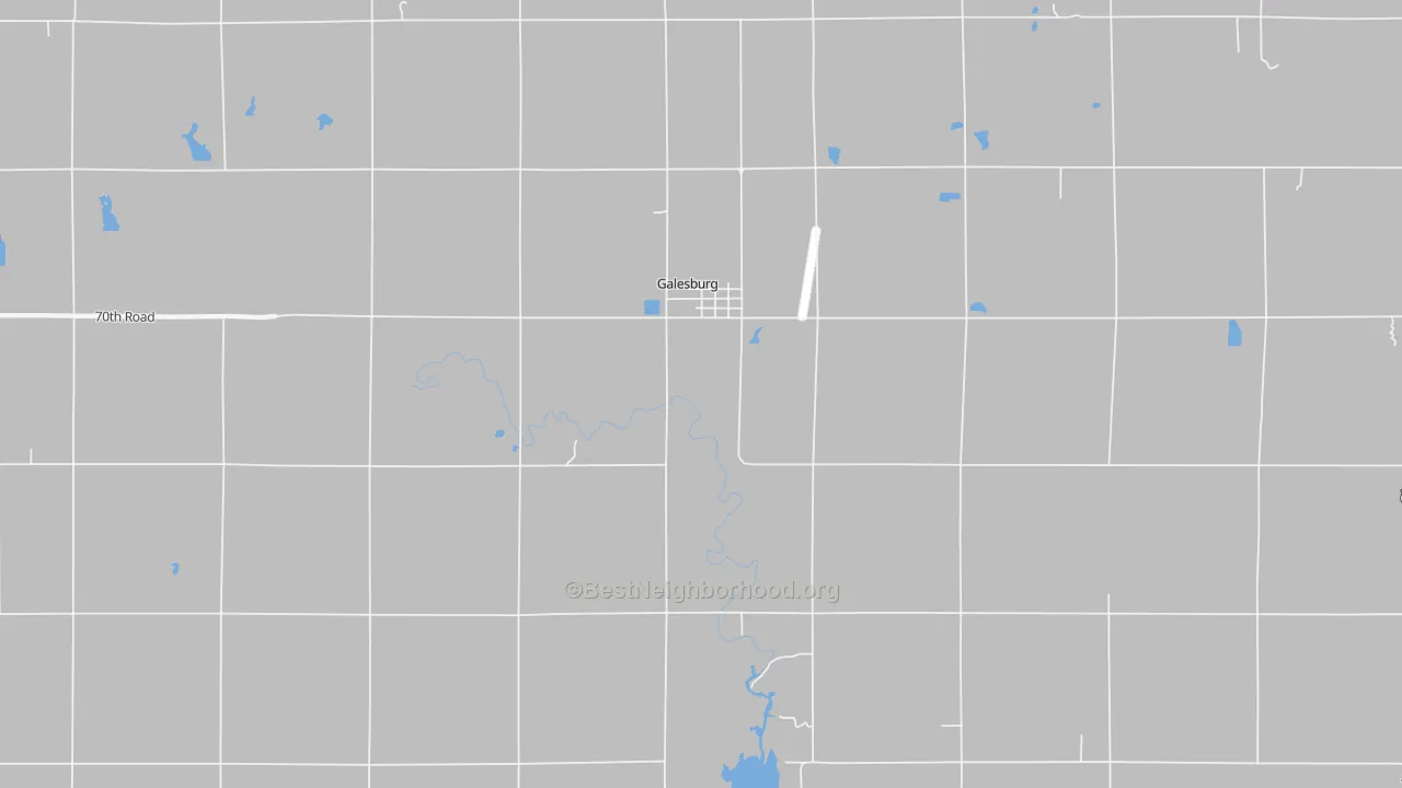 Walk Grade map of Galesburg, KS, walkable areas in green and car-dependent areas in red