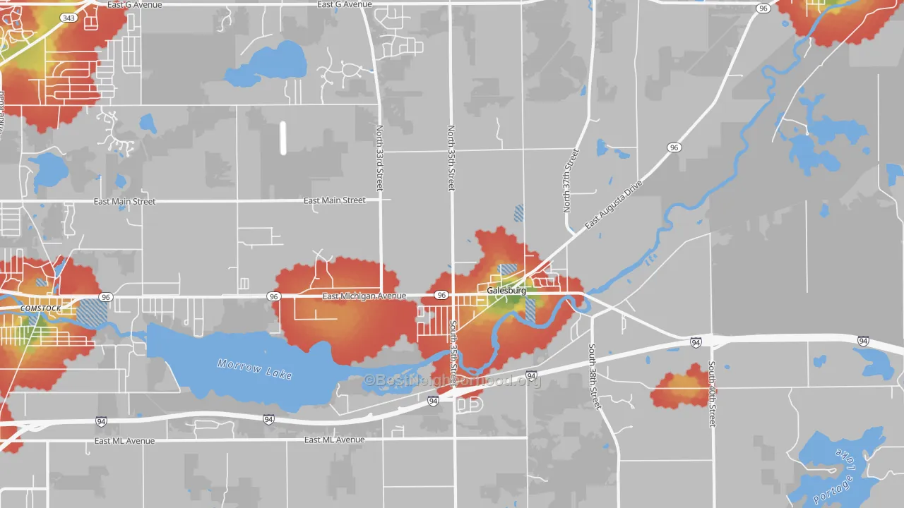 Walk Grade map of Galesburg, MI, walkable areas in green and car-dependent areas in red