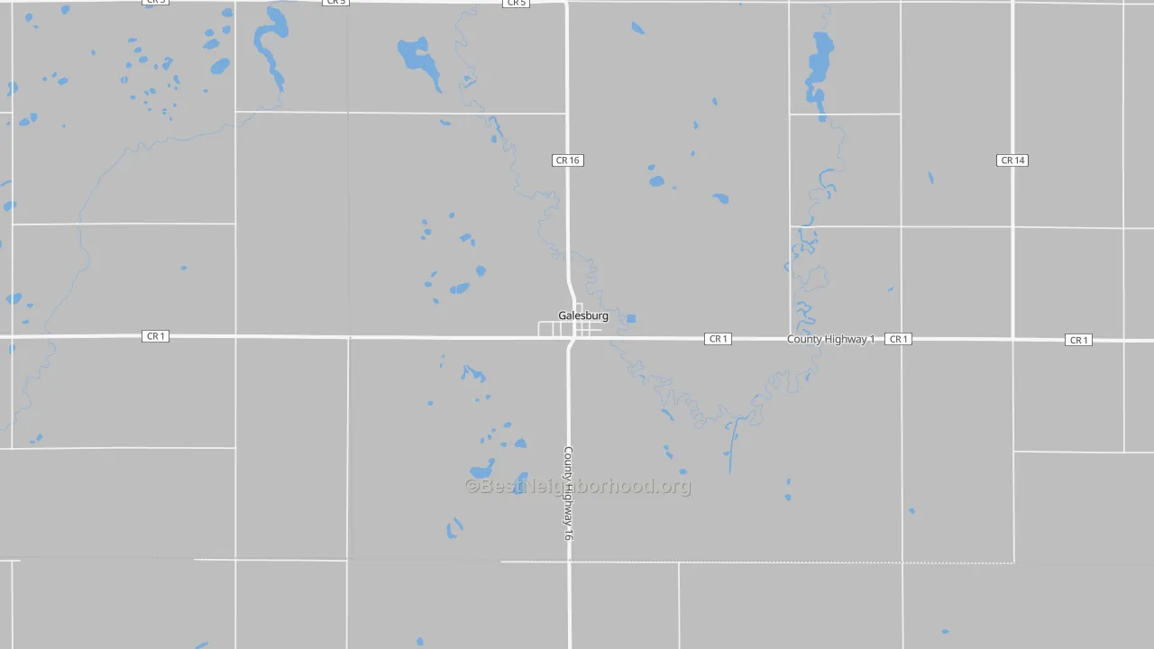 Walk Grade map of Galesburg, ND, walkable areas in green and car-dependent areas in red
