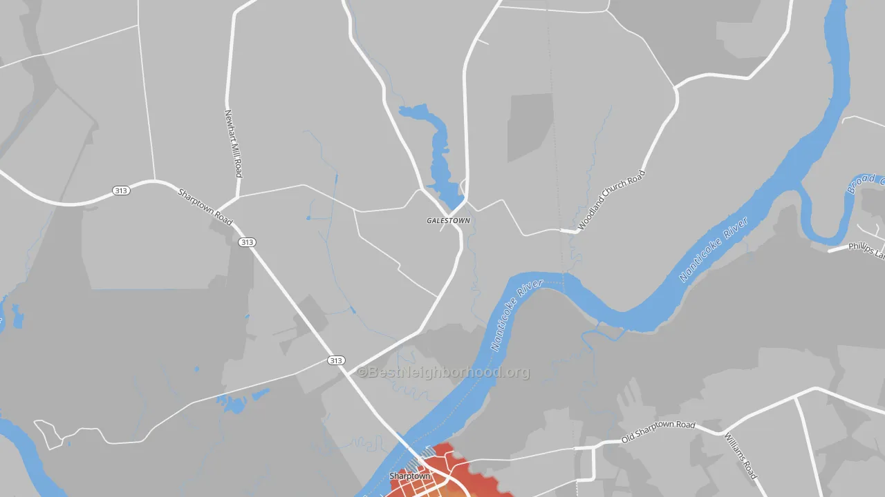 Walk Grade map of Galestown, MD, walkable areas in green and car-dependent areas in red