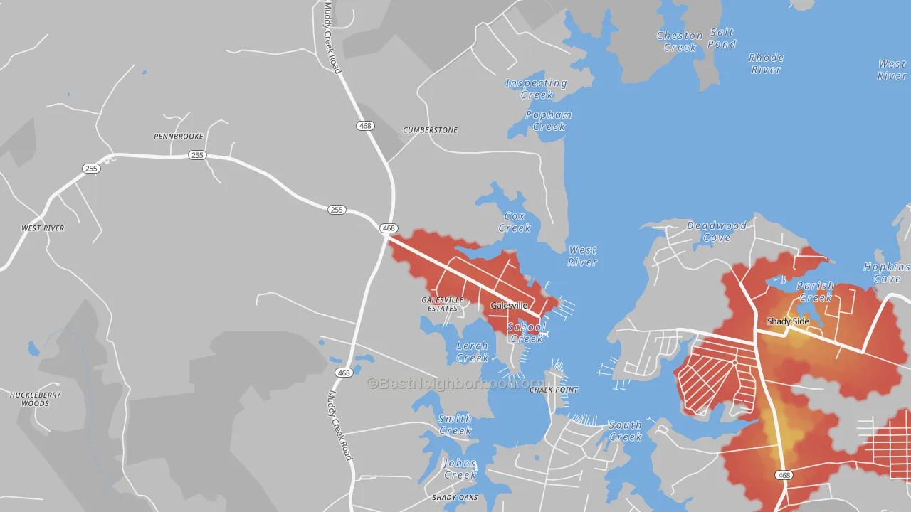 Walk Grade map of Galesville, MD, walkable areas in green and car-dependent areas in red