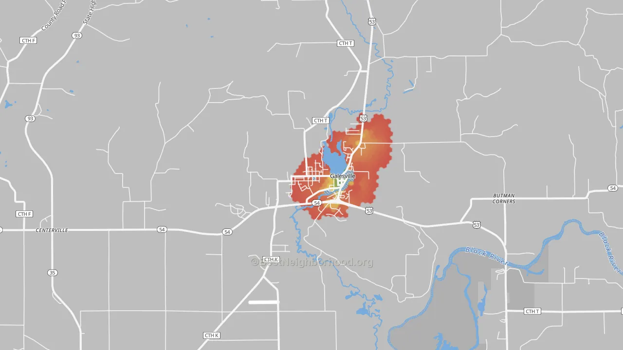 Walk Grade map of Galesville, WI, walkable areas in green and car-dependent areas in red