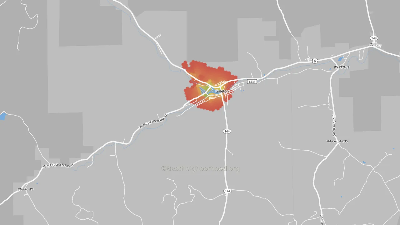 Walk Grade map of Galeton, PA, walkable areas in green and car-dependent areas in red