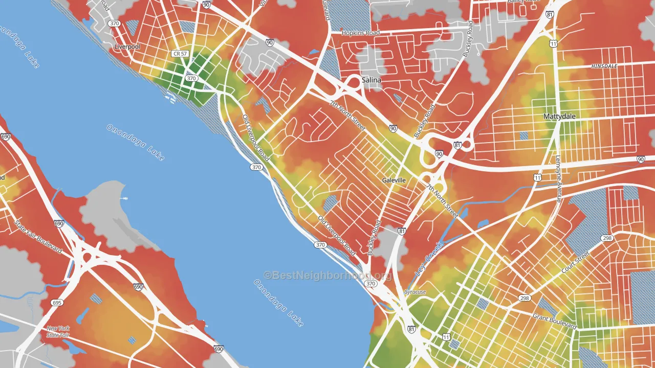 Walk Grade map of Galeville, Liverpool, NY, walkable areas in green and car-dependent areas in red