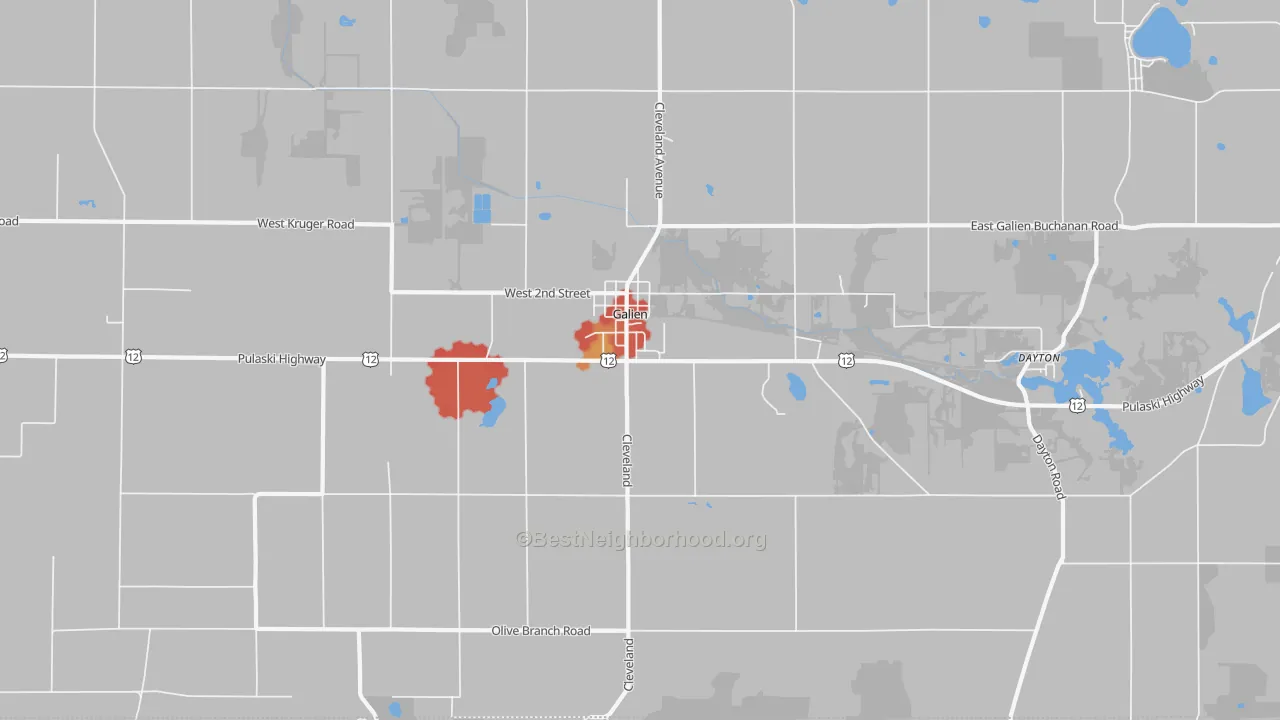 Walk Grade map of Galien, MI, walkable areas in green and car-dependent areas in red