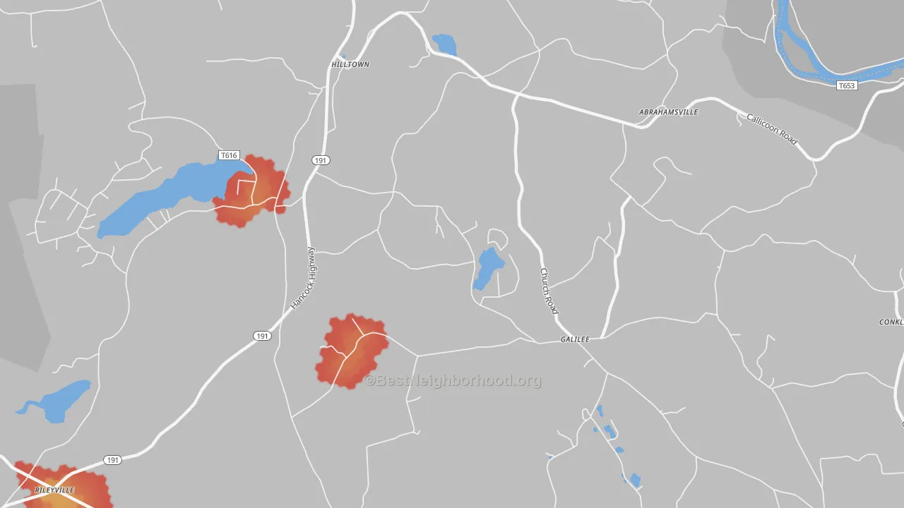 Walk Grade map of Galilee, PA, walkable areas in green and car-dependent areas in red