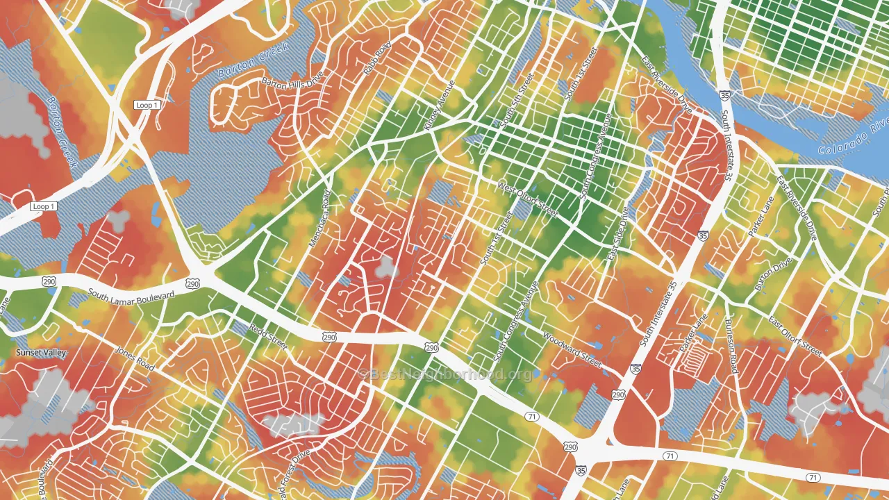 Walk Grade map of Galindo, Austin, TX, walkable areas in green and car-dependent areas in red