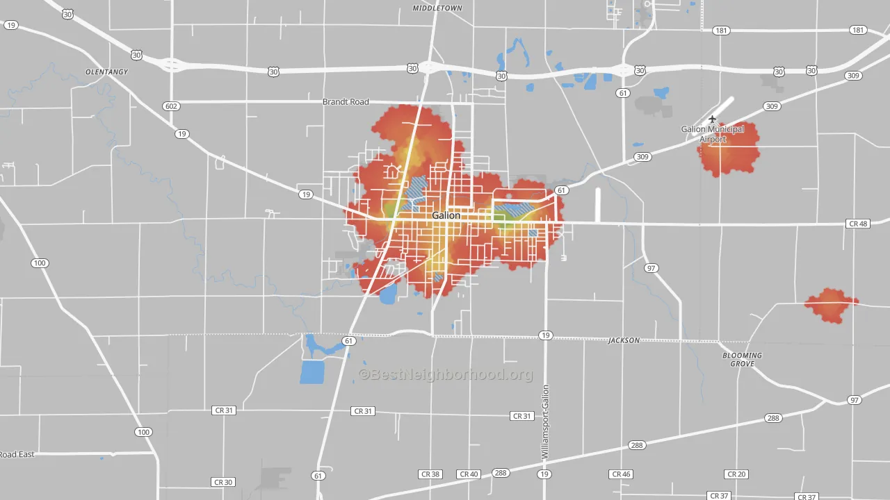 Walk Grade map of Galion, OH, walkable areas in green and car-dependent areas in red