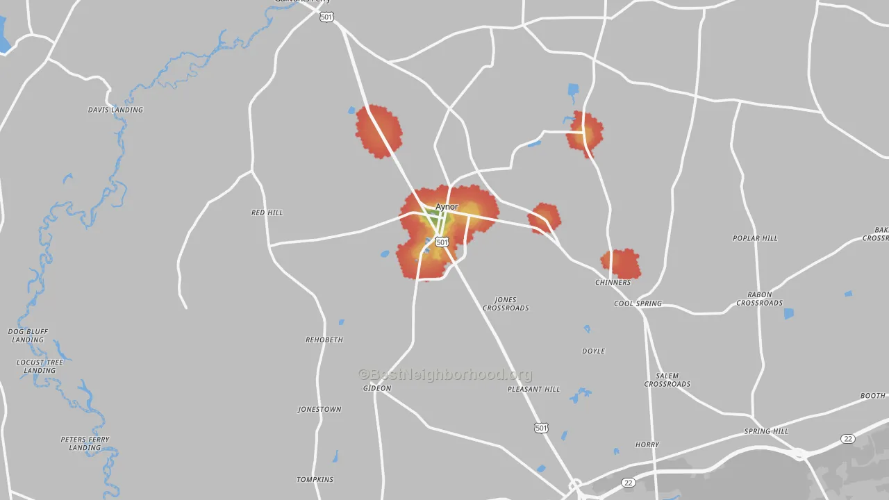 Walk Grade map of Galivants Ferry, SC, walkable areas in green and car-dependent areas in red