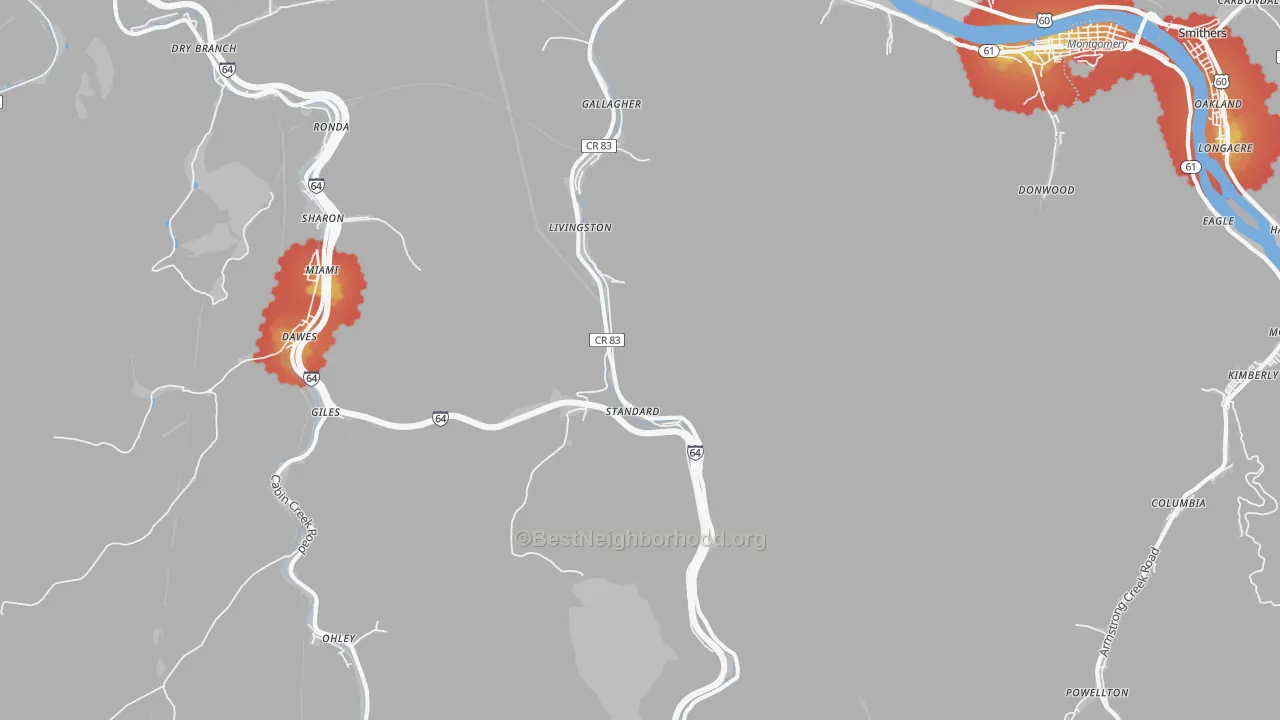 Walk Grade map of Gallagher, WV, walkable areas in green and car-dependent areas in red