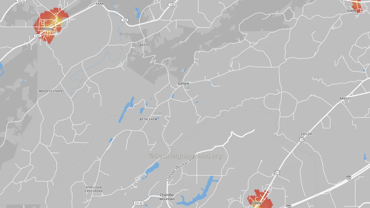 Walk Grade map of Gallant, AL, walkable areas in green and car-dependent areas in red