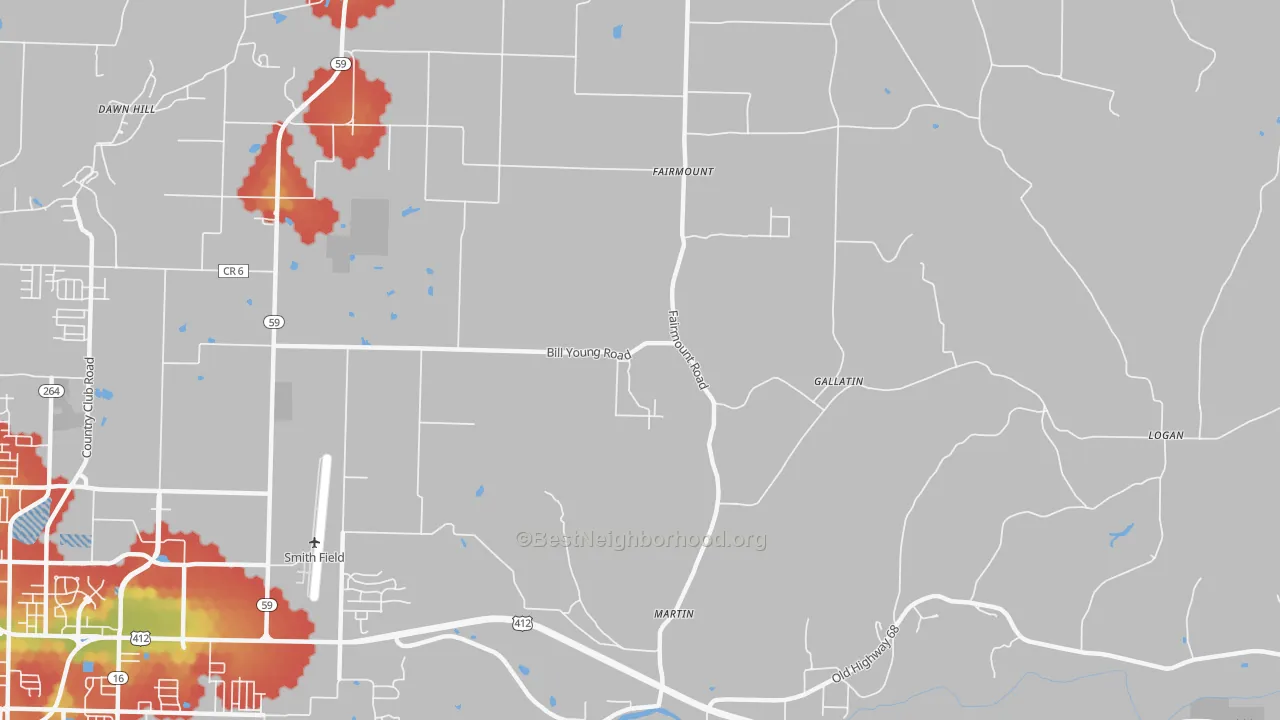 Walk Grade map of Gallatin, AR, walkable areas in green and car-dependent areas in red