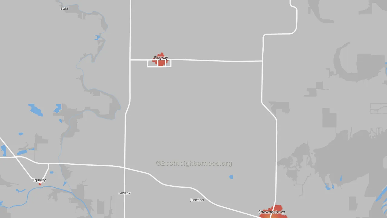 Walk Grade map of Gallatin County, IL, walkable areas in green and car-dependent areas in red