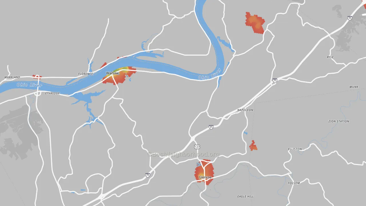 Walk Grade map of Gallatin County, KY, walkable areas in green and car-dependent areas in red