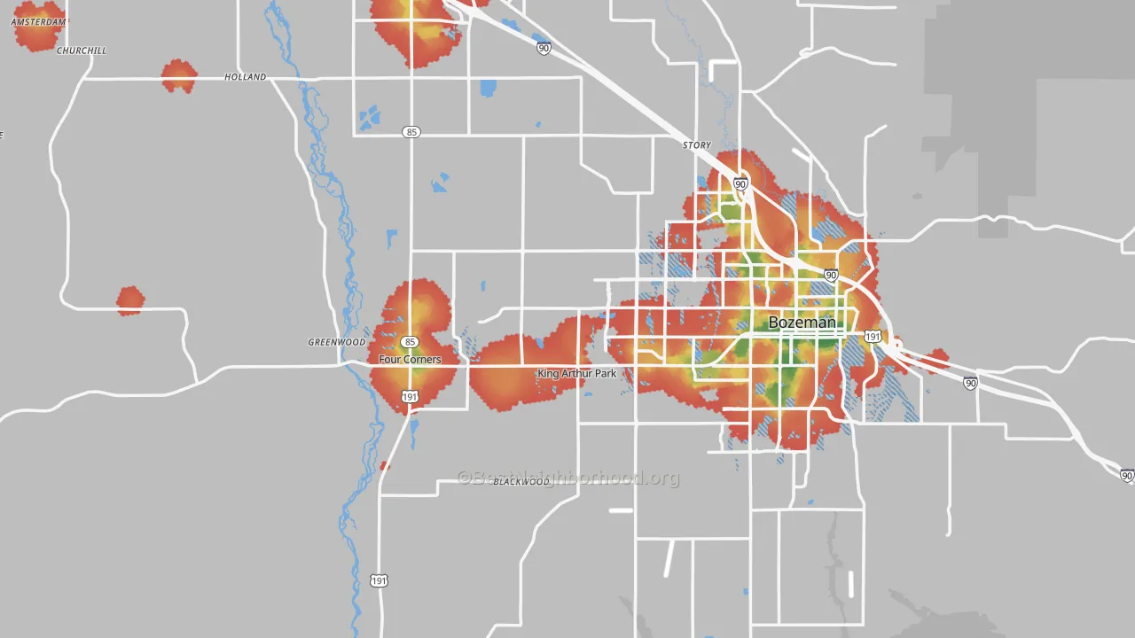 Walk Grade map of Gallatin County, MT, walkable areas in green and car-dependent areas in red