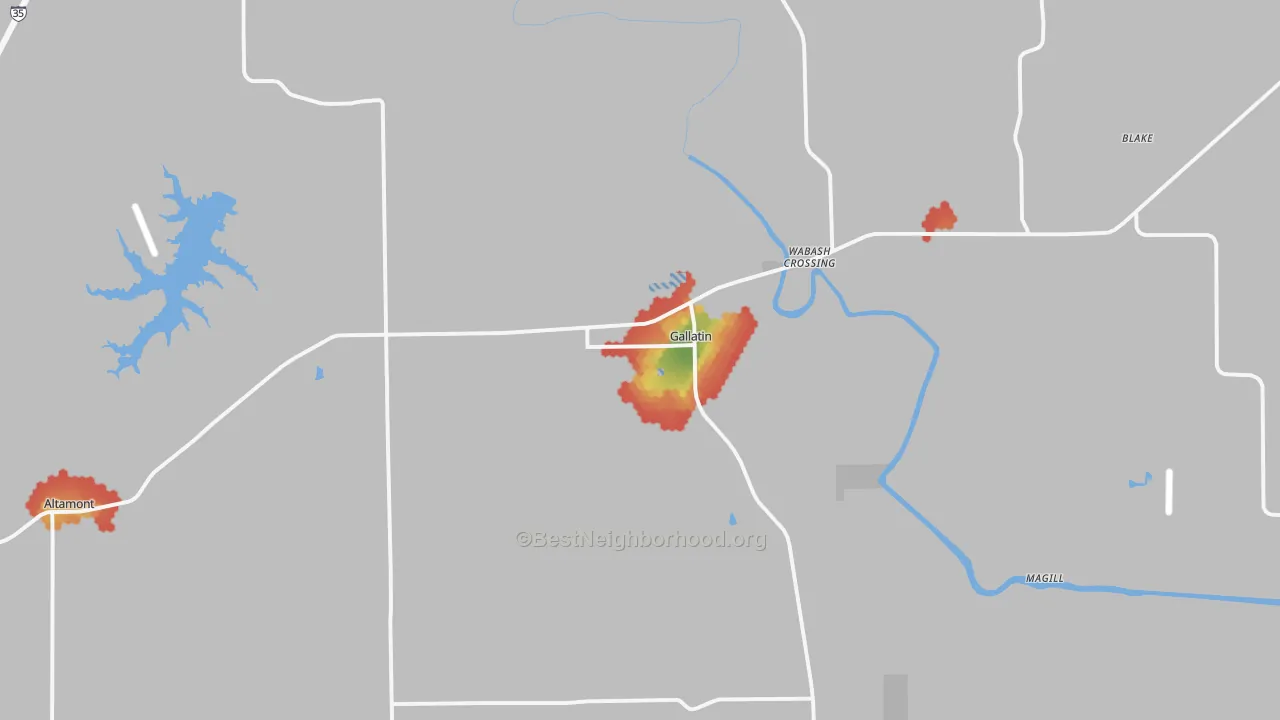 Walk Grade map of Gallatin, MO, walkable areas in green and car-dependent areas in red