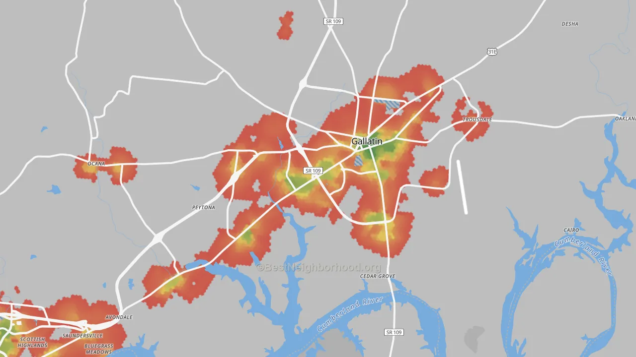 Walk Grade map of Gallatin, TN, walkable areas in green and car-dependent areas in red