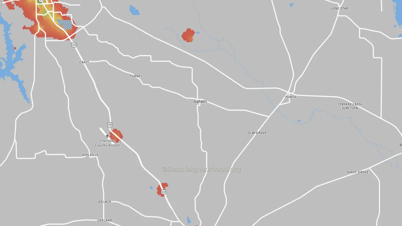 Walk Grade map of Gallatin, TX, walkable areas in green and car-dependent areas in red
