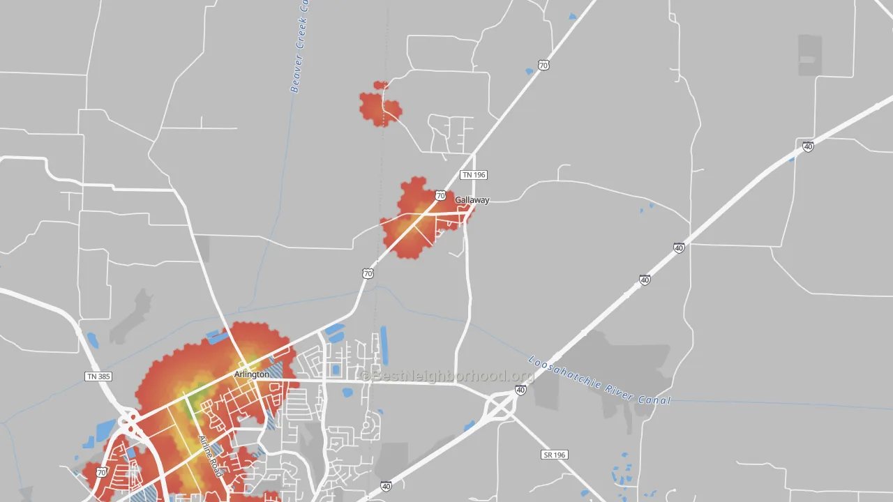 Walk Grade map of Gallaway, TN, walkable areas in green and car-dependent areas in red