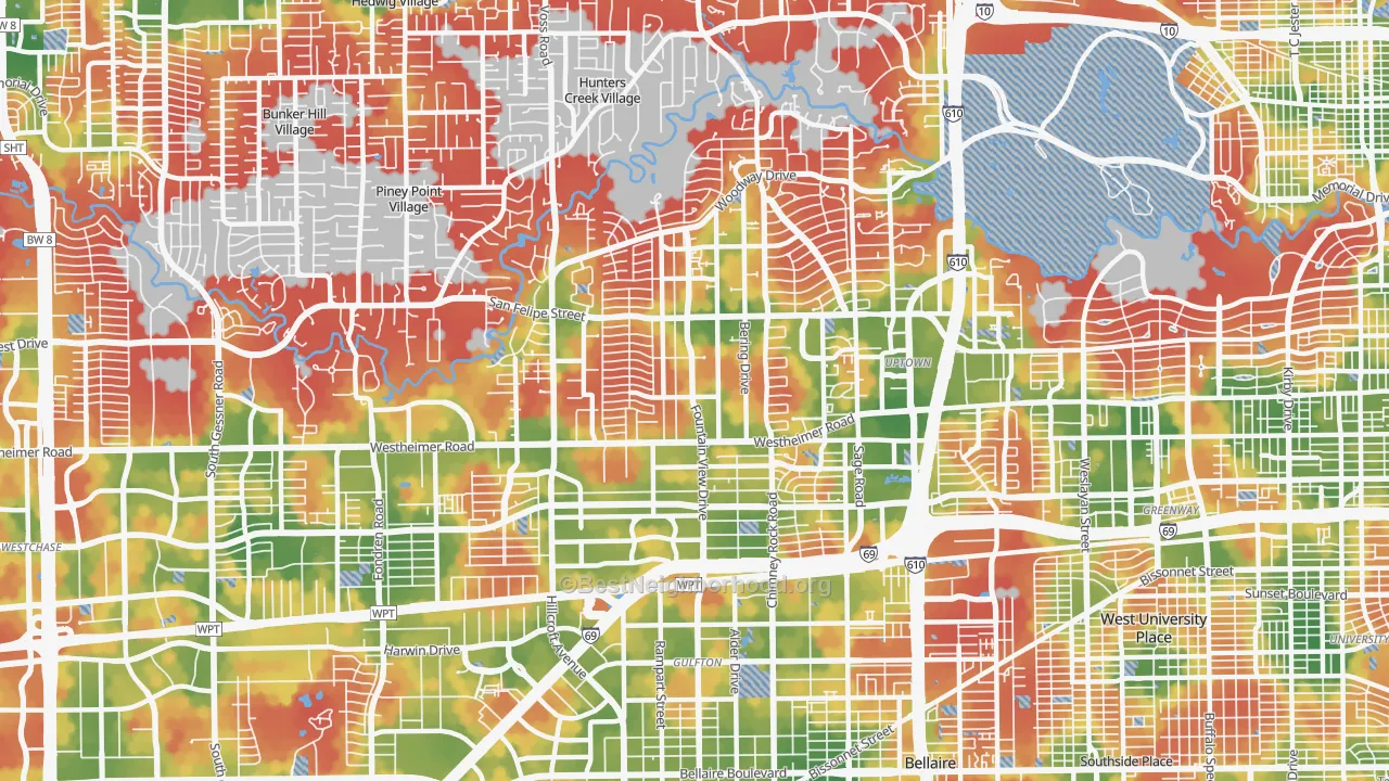 Walk Grade map of Galleria-Uptown, Houston, TX, walkable areas in green and car-dependent areas in red