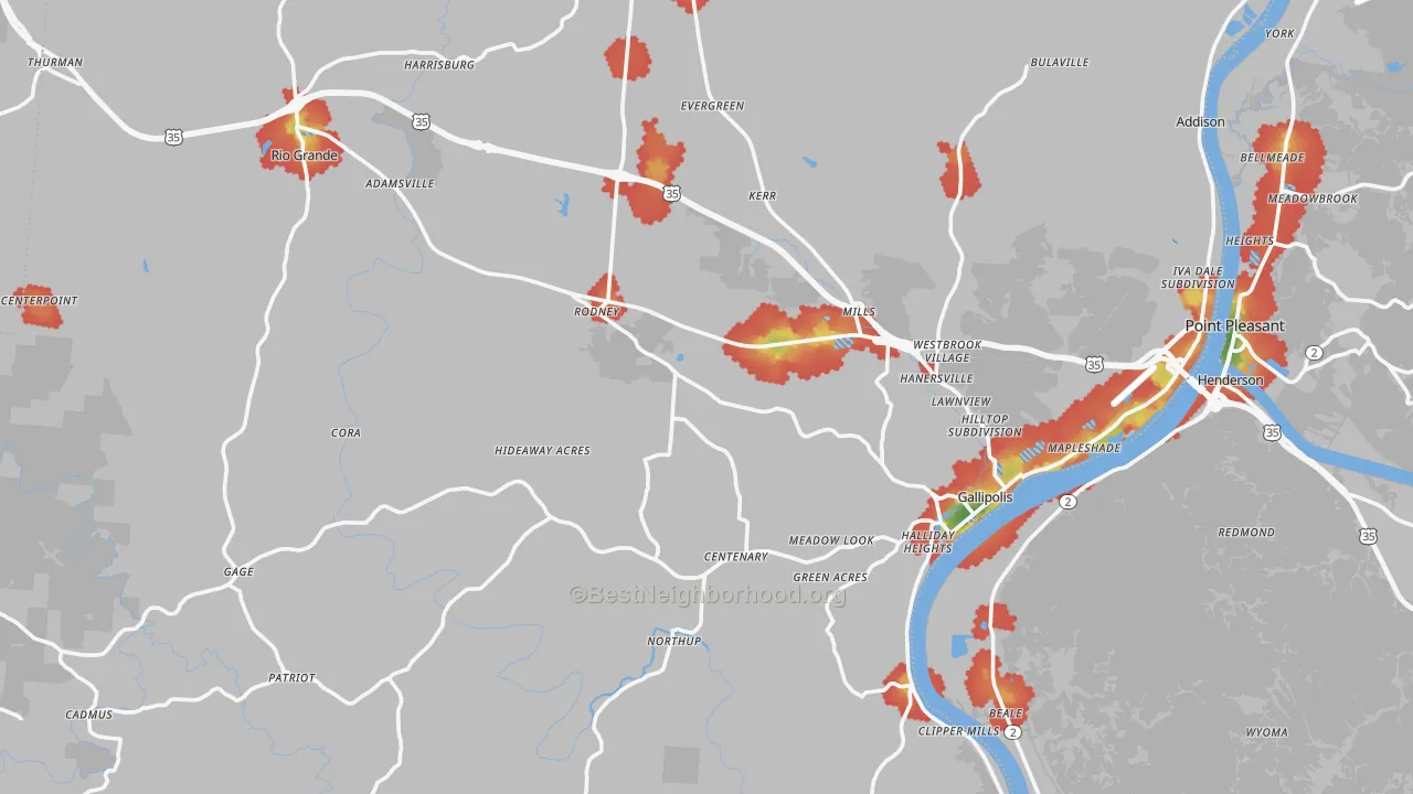 Walk Grade map of Gallia County, OH, walkable areas in green and car-dependent areas in red