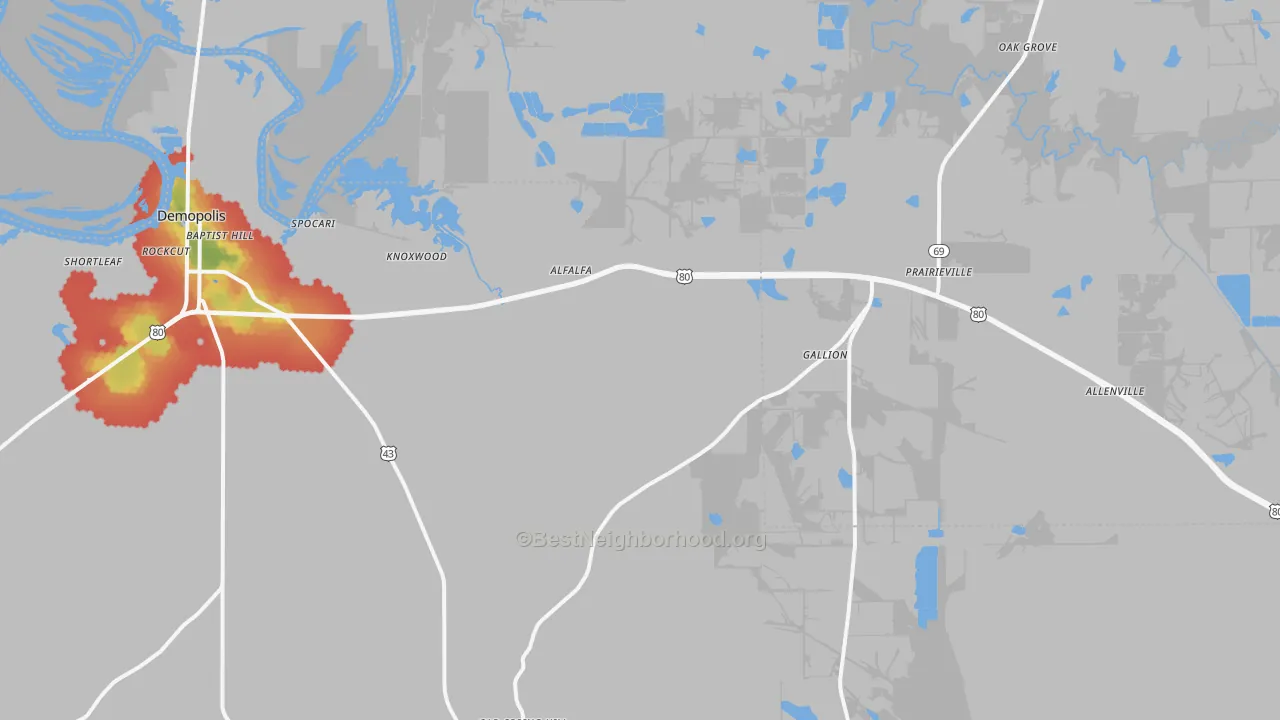 Walk Grade map of Gallion, AL, walkable areas in green and car-dependent areas in red