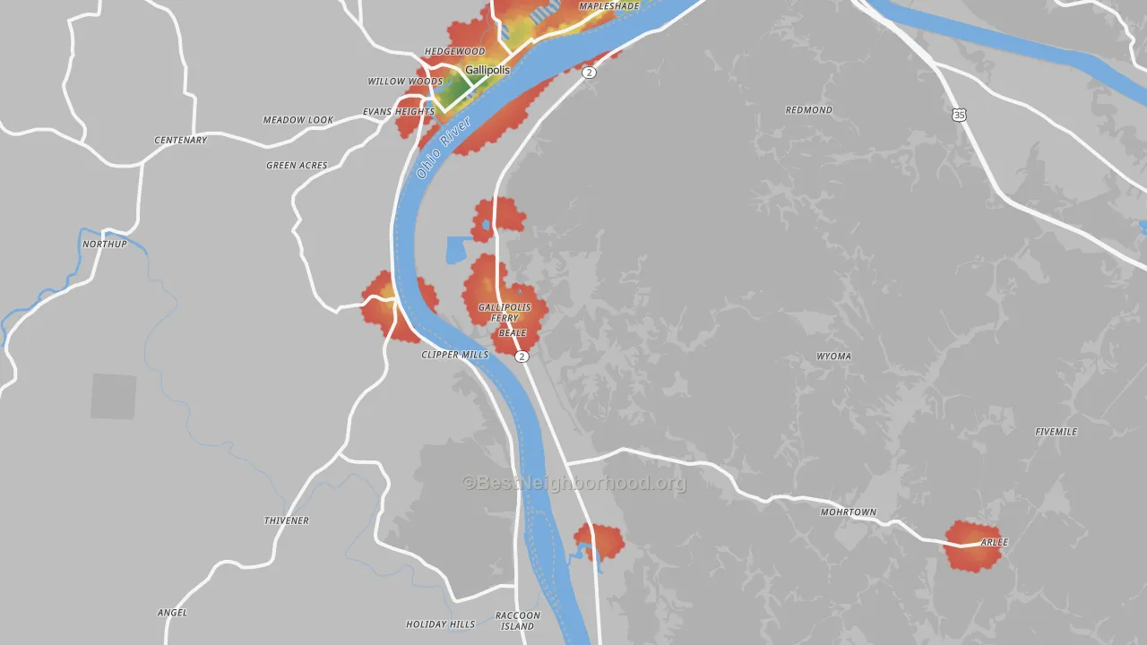 Walk Grade map of Gallipolis Ferry, WV, walkable areas in green and car-dependent areas in red