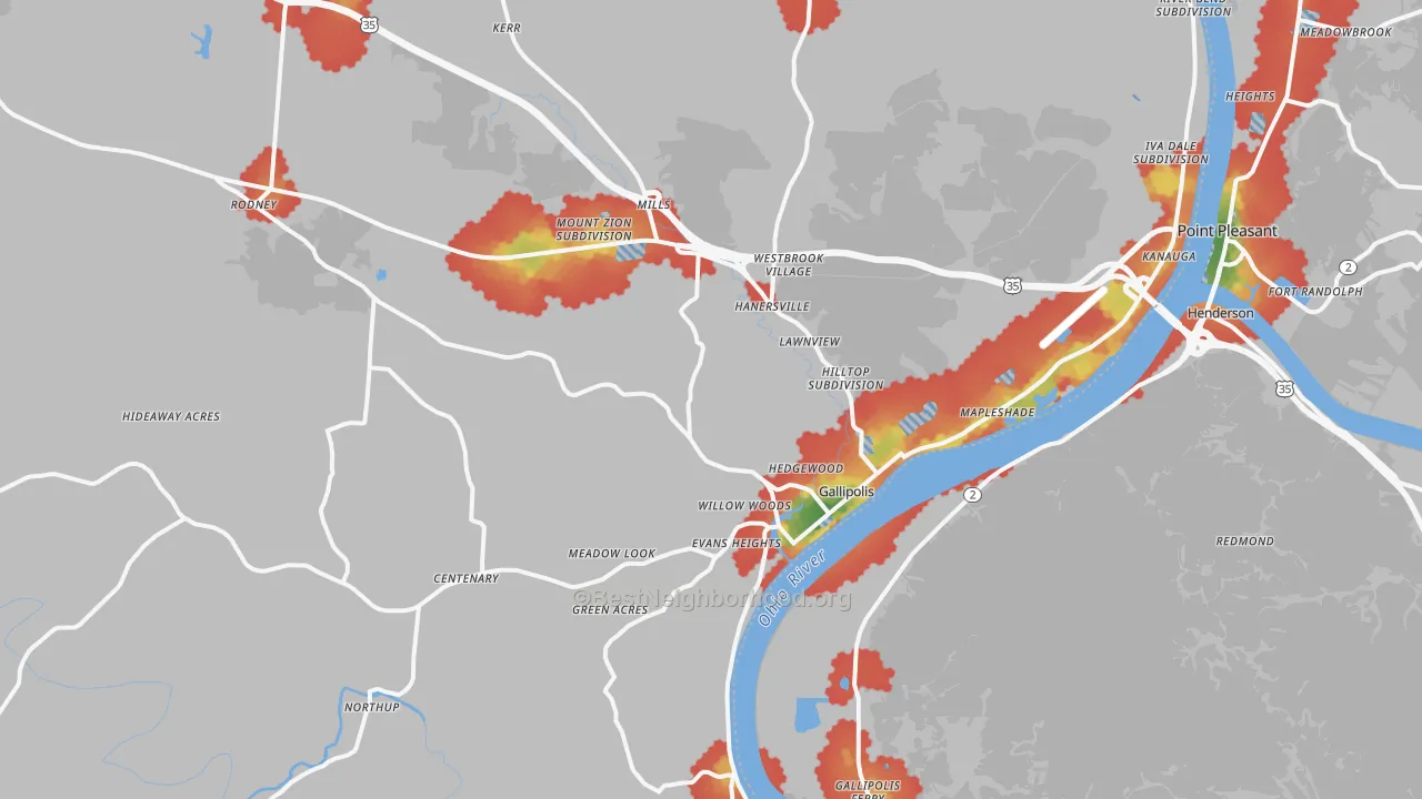 Walk Grade map of Gallipolis, OH, walkable areas in green and car-dependent areas in red