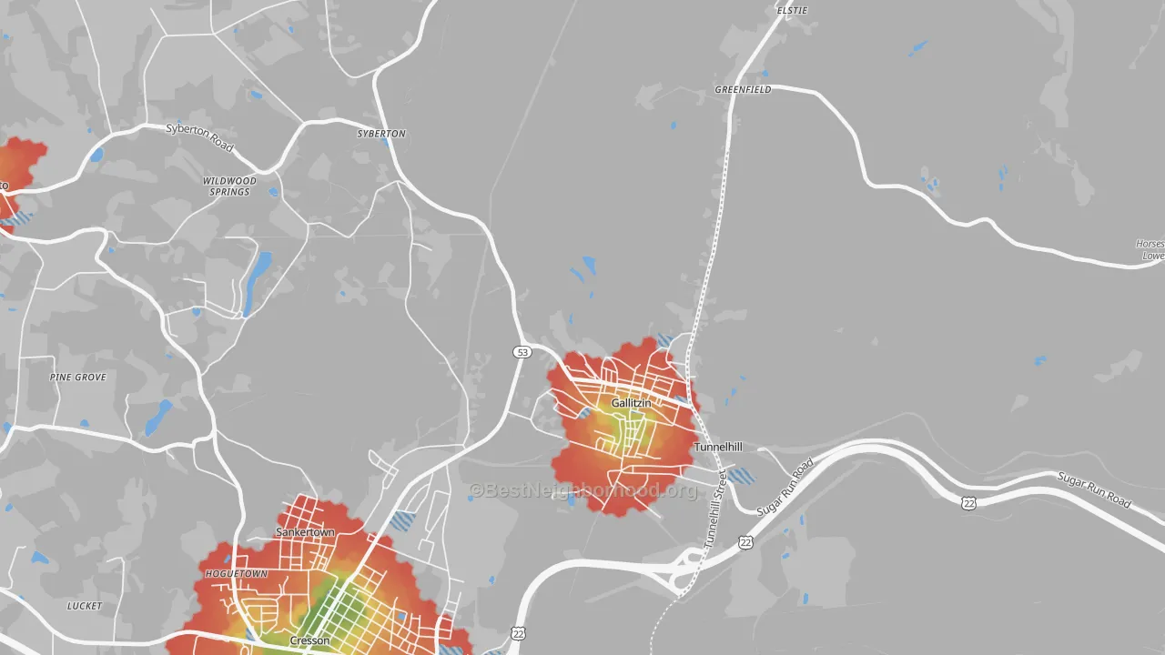 Walk Grade map of Gallitzin, PA, walkable areas in green and car-dependent areas in red