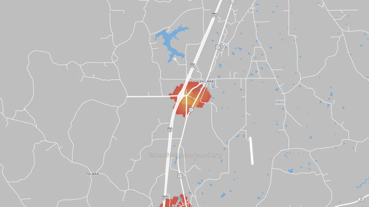 Walk Grade map of Gallman, MS, walkable areas in green and car-dependent areas in red