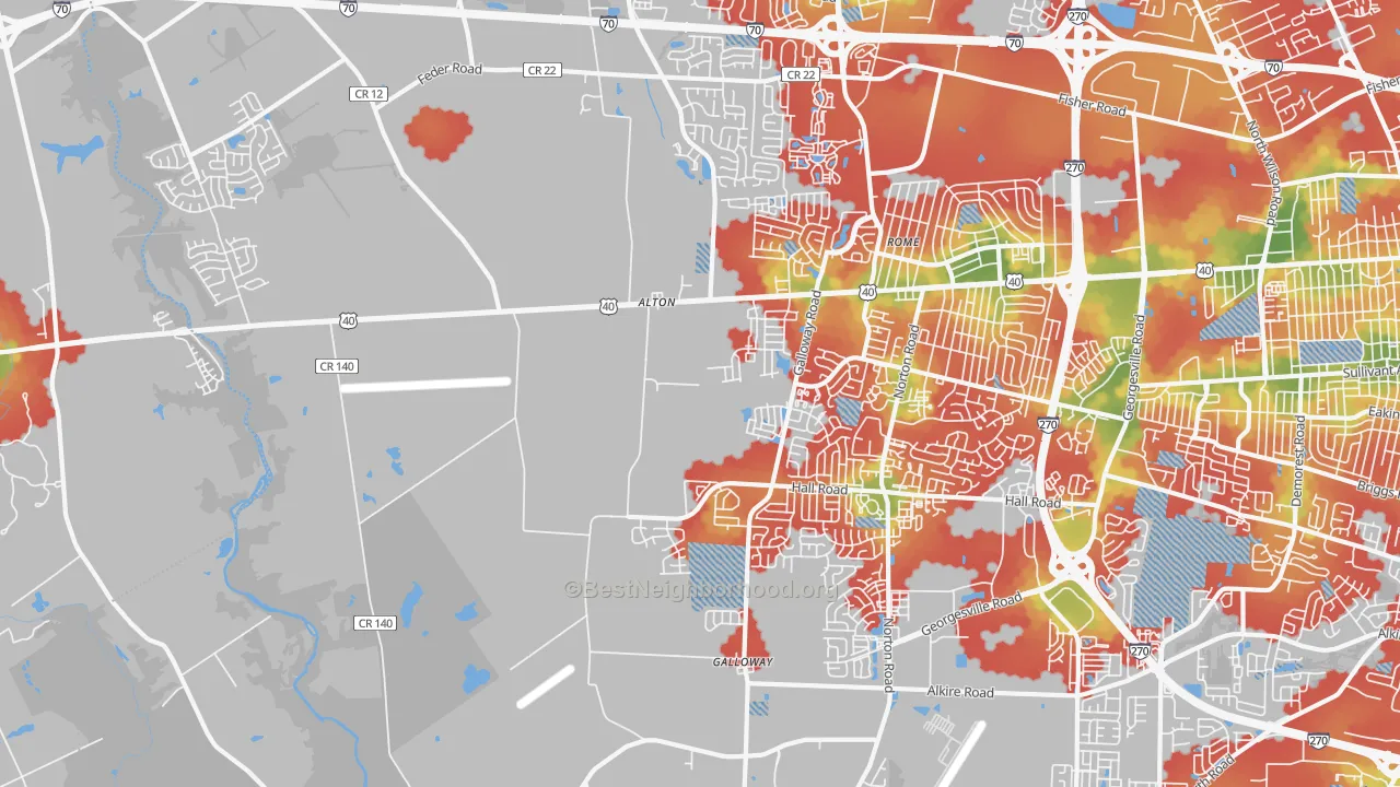 Walk Grade map of Galloway, OH, walkable areas in green and car-dependent areas in red