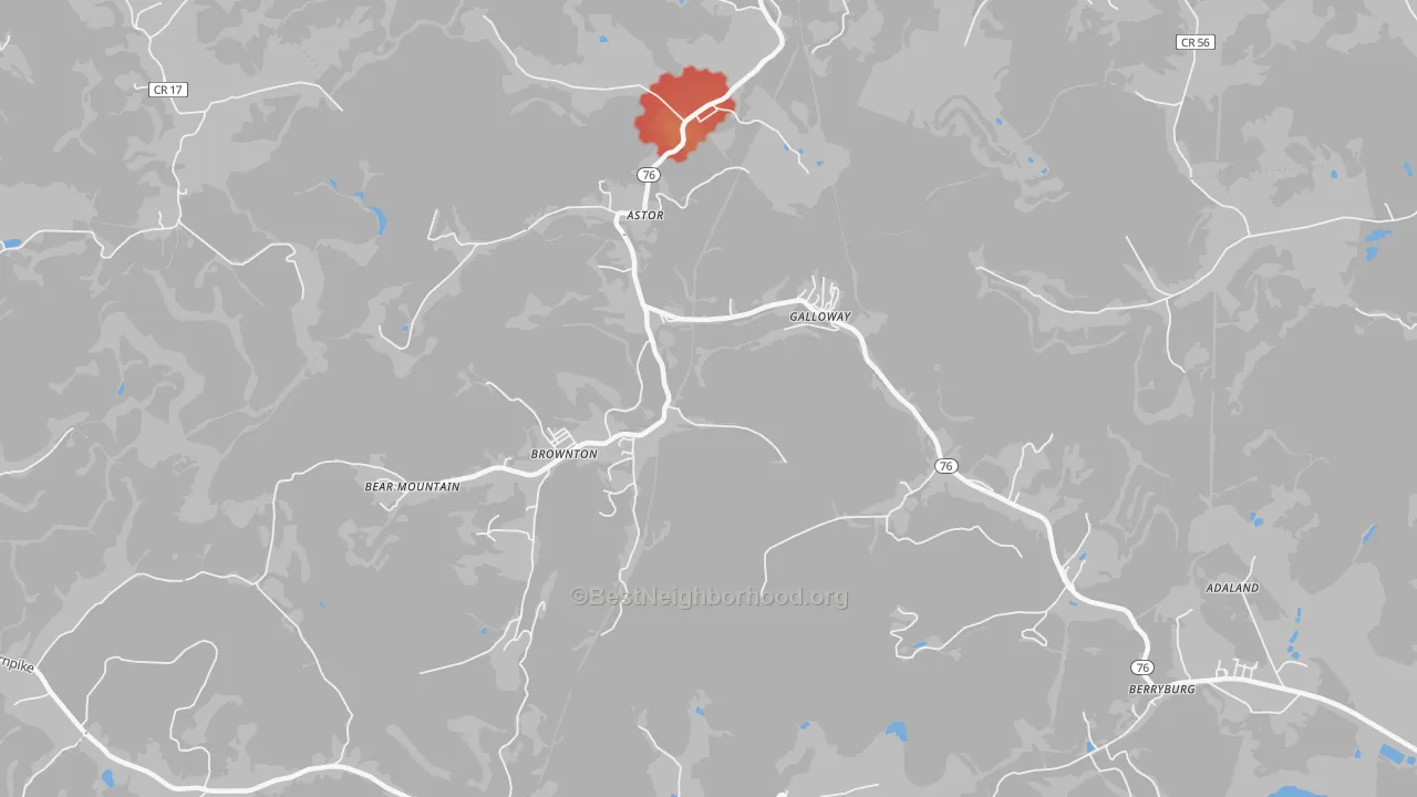 Walk Grade map of Galloway, WV, walkable areas in green and car-dependent areas in red