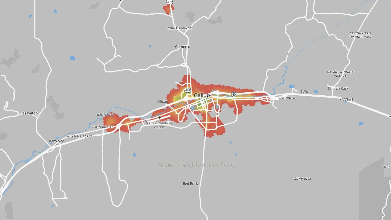 Walk Grade map of Gallup, NM, walkable areas in green and car-dependent areas in red