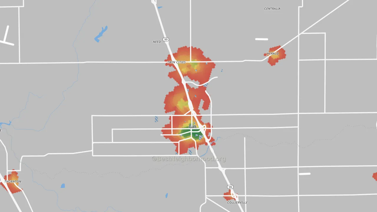 Walk Grade map of Galt, CA, walkable areas in green and car-dependent areas in red