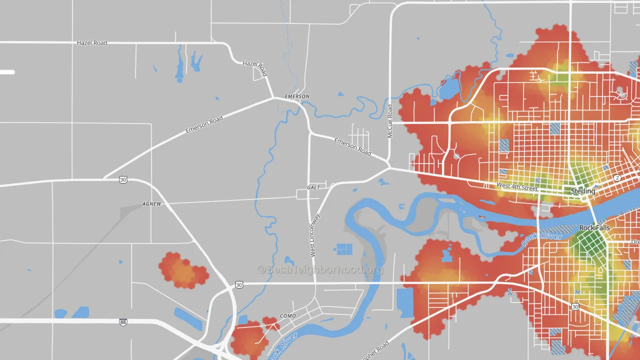 Walk Grade map of Galt, IL, walkable areas in green and car-dependent areas in red