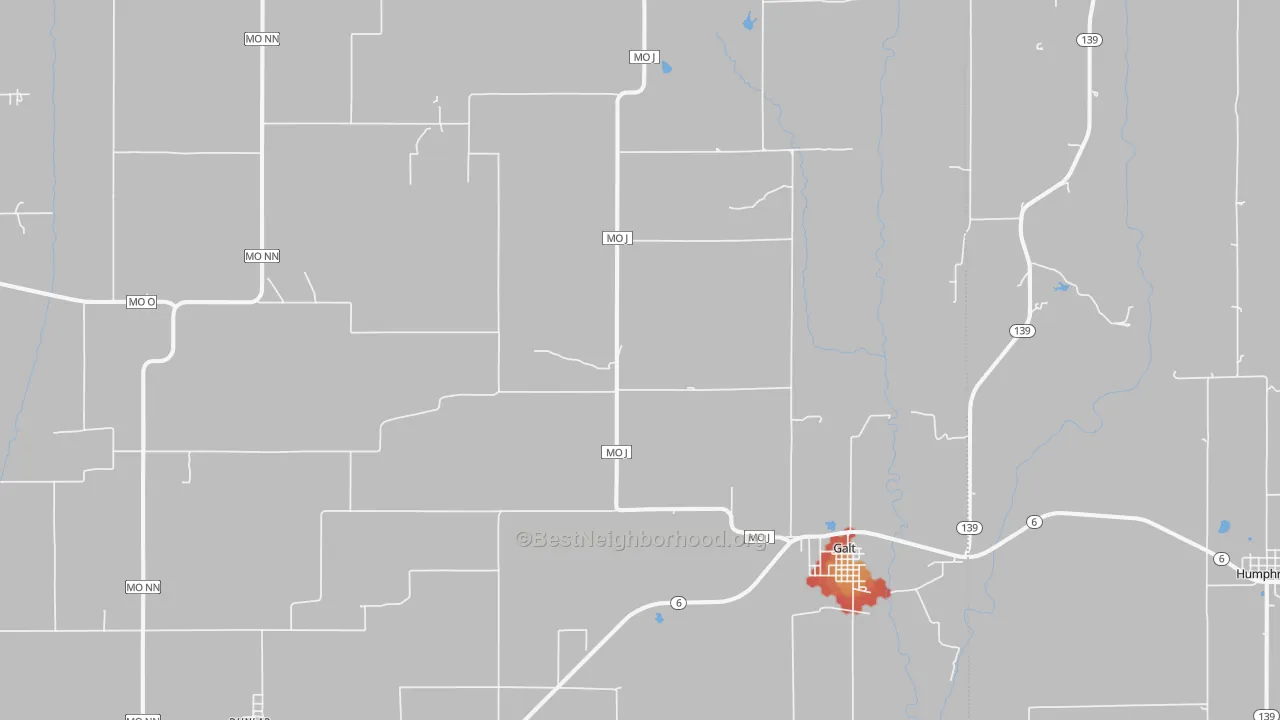 Walk Grade map of Galt, MO, walkable areas in green and car-dependent areas in red