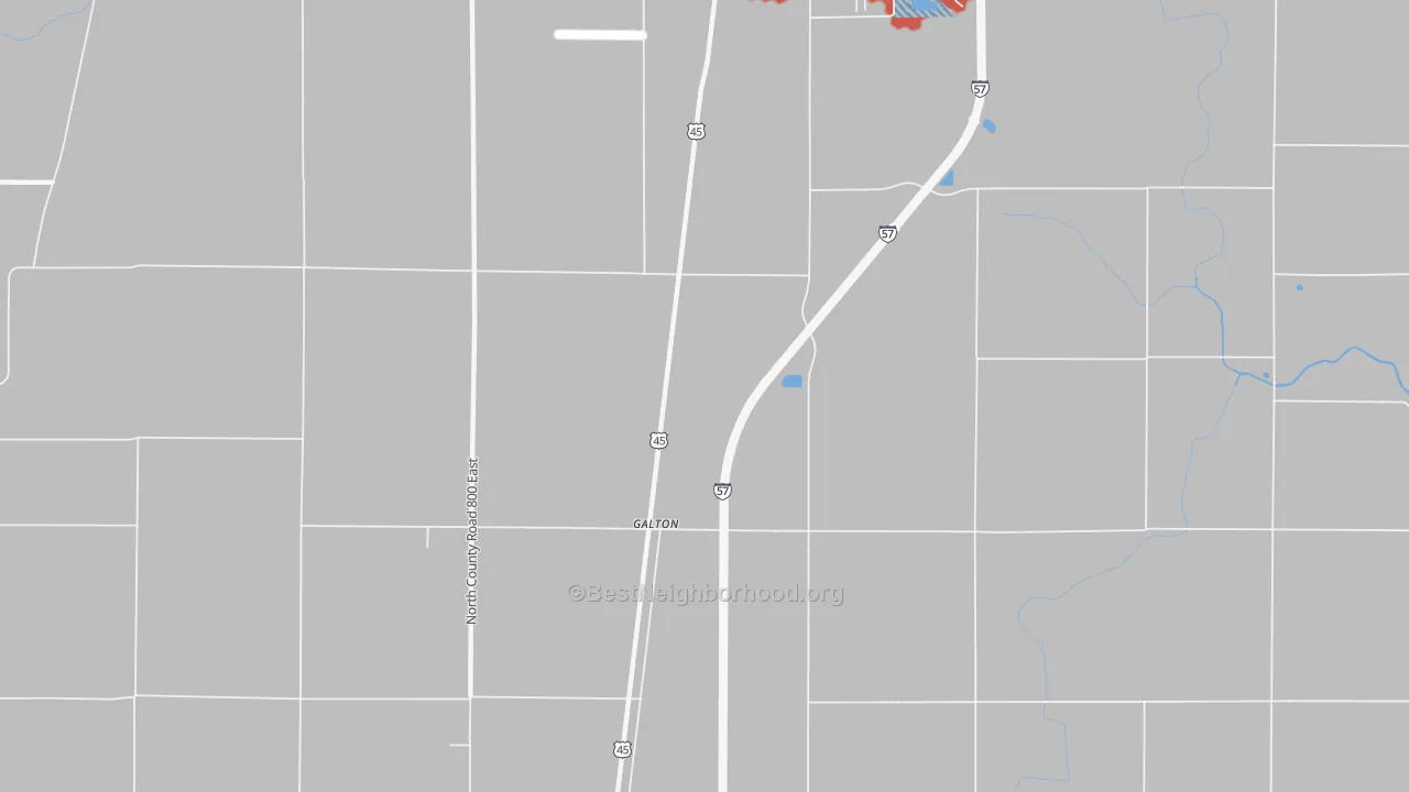 Walk Grade map of Galton, IL, walkable areas in green and car-dependent areas in red