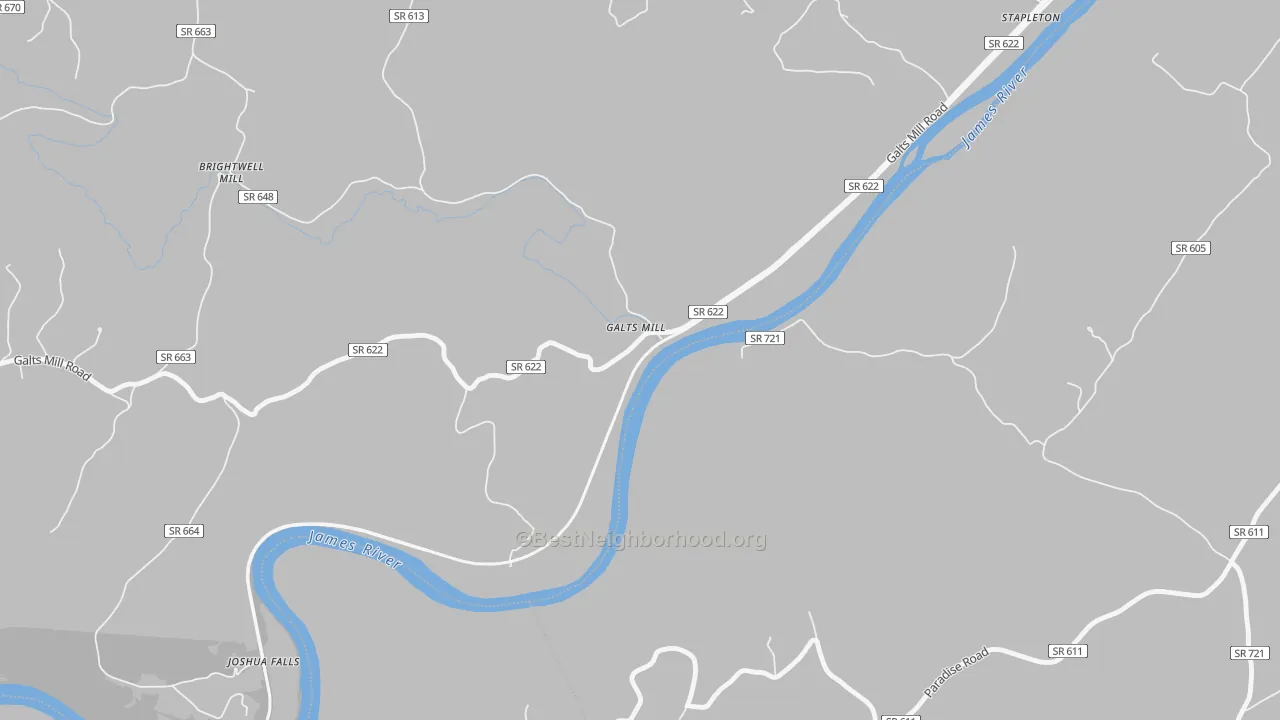 Walk Grade map of Galts Mill, VA, walkable areas in green and car-dependent areas in red