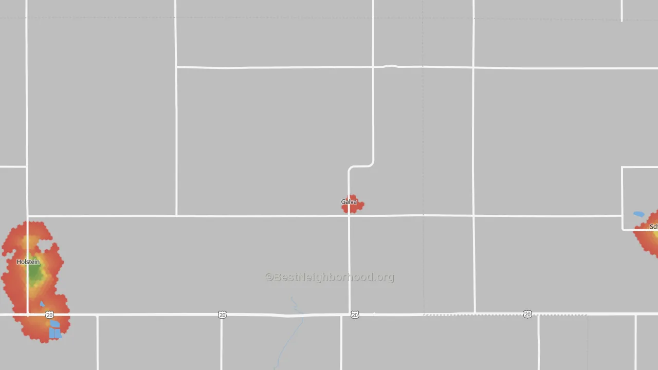 Walk Grade map of Galva, IA, walkable areas in green and car-dependent areas in red