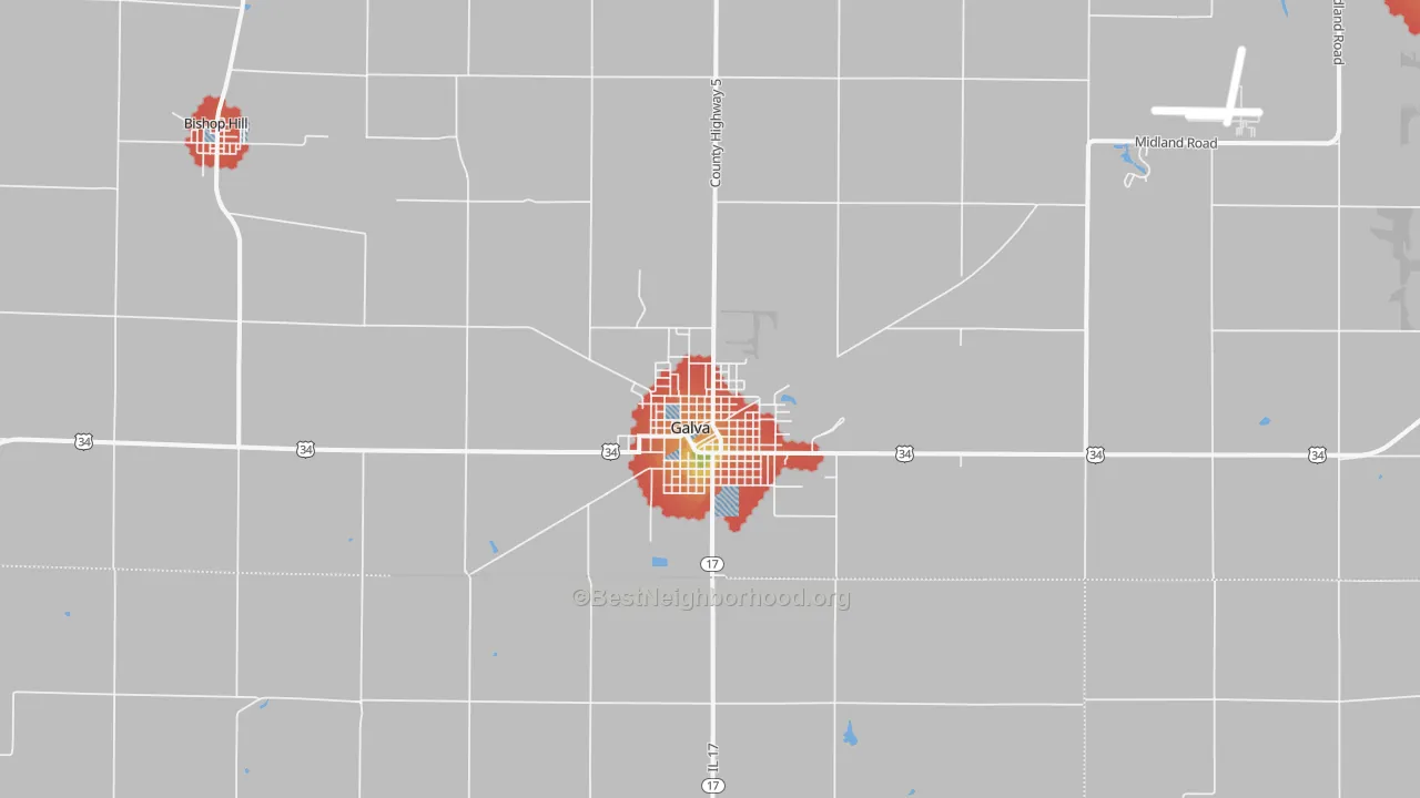 Walk Grade map of Galva, IL, walkable areas in green and car-dependent areas in red