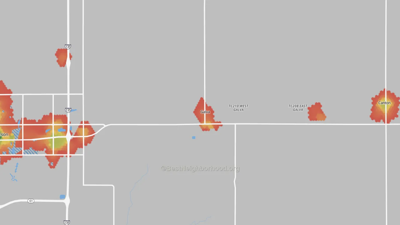 Walk Grade map of Galva, KS, walkable areas in green and car-dependent areas in red