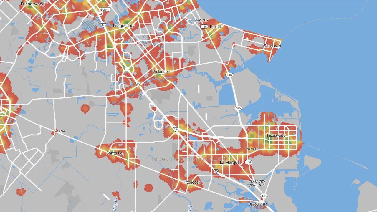 Walk Grade map of Galveston County, TX, walkable areas in green and car-dependent areas in red