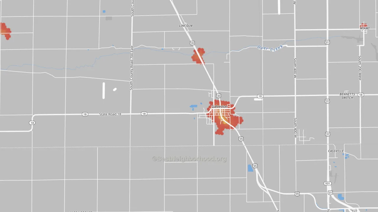 Walk Grade map of Galveston, IN, walkable areas in green and car-dependent areas in red